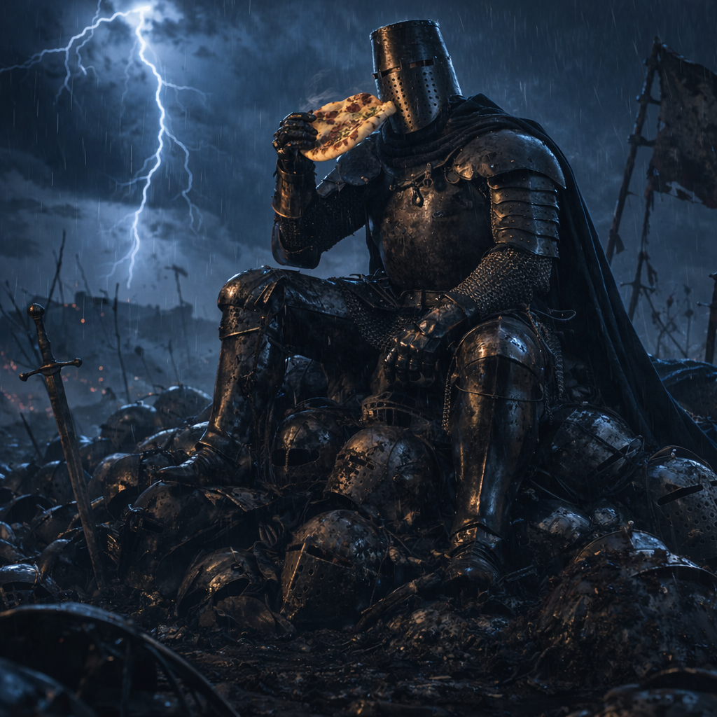 AI Roughs mockup of an armored knight eating naan in a storm.