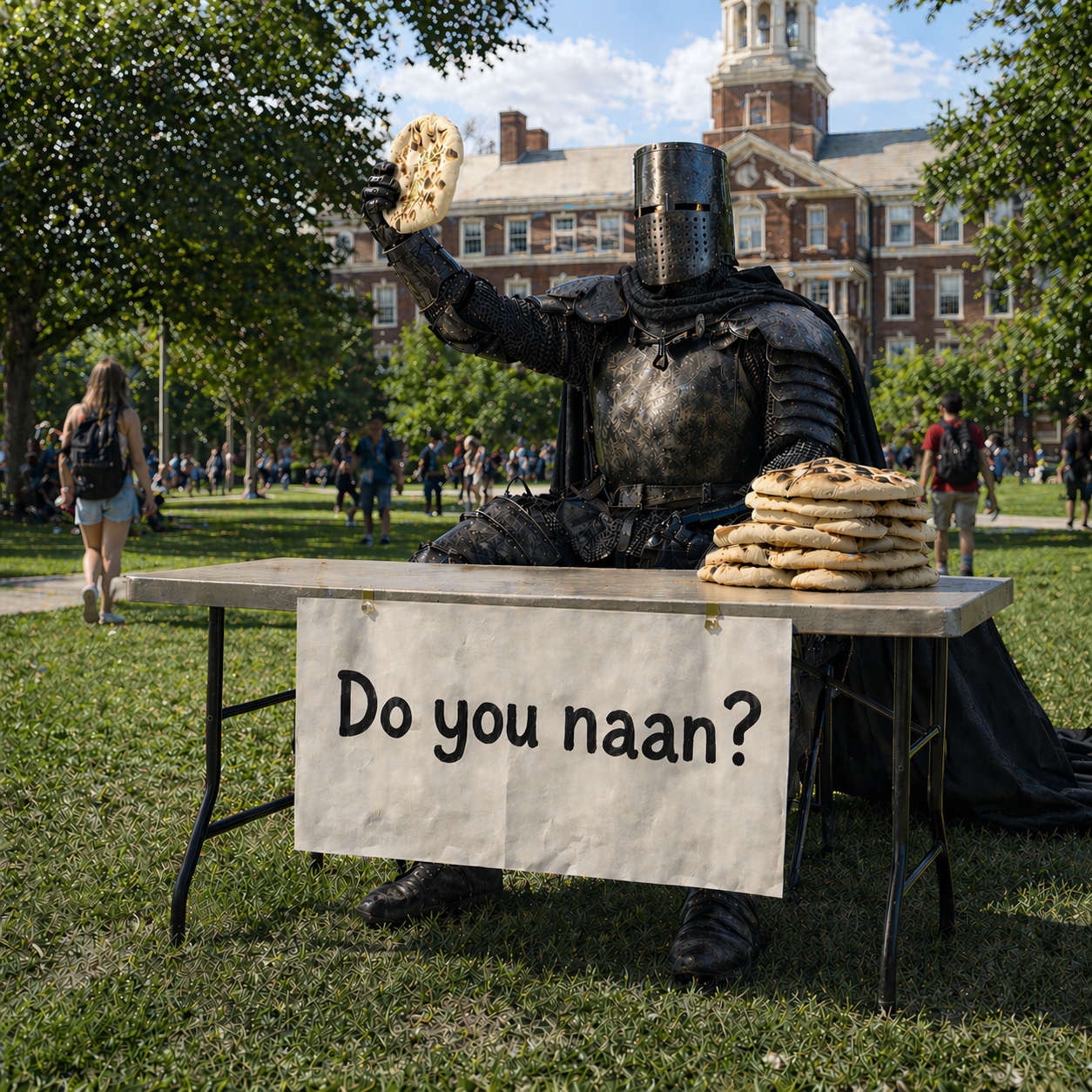 AI Roughs mockup of an armored knight seated at a campus table with a sign reading Do you naan.