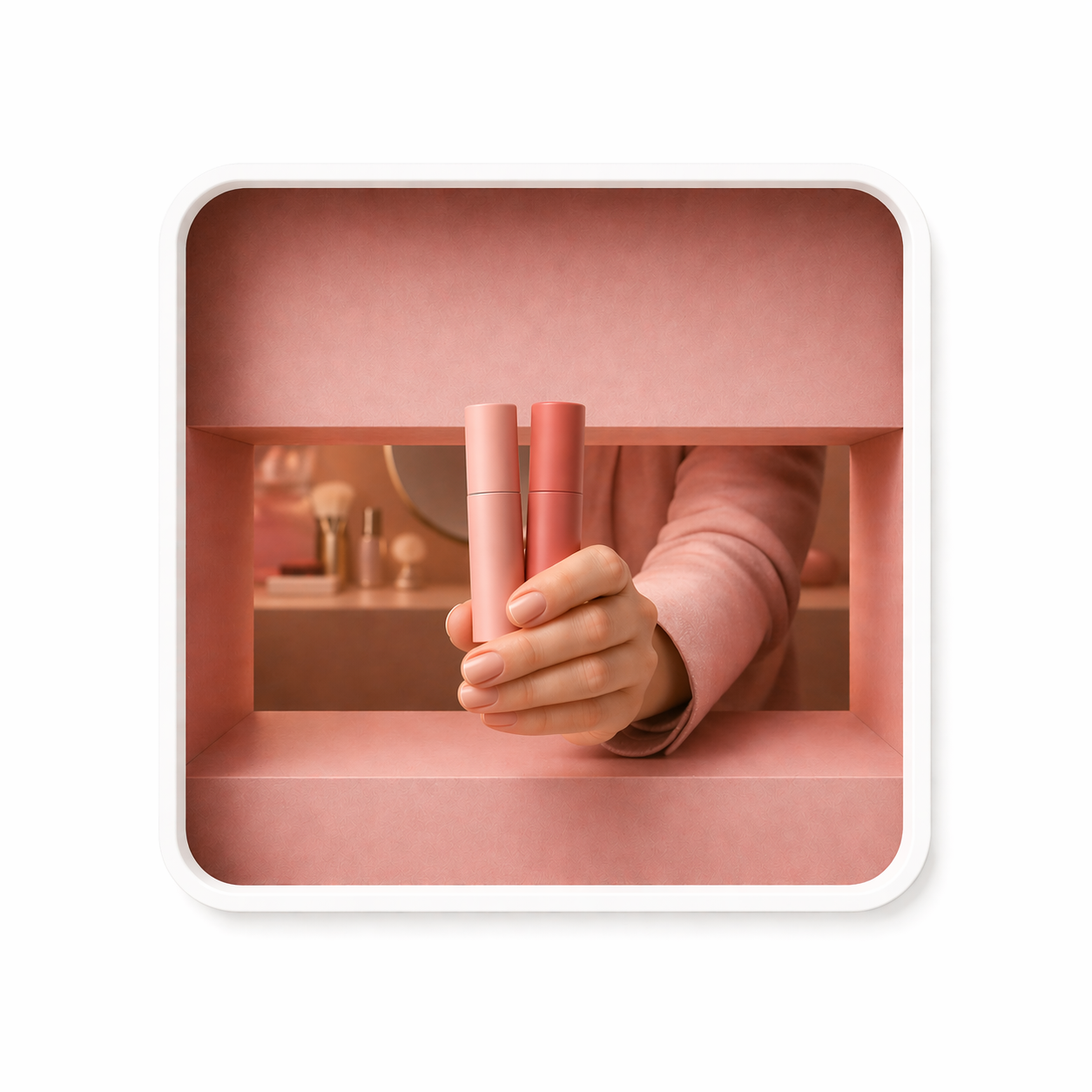 AI Roughs mockup of a hand holding two lipstick tubes through a pink display window.