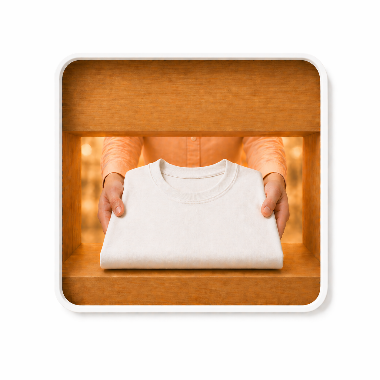 AI Roughs mockup of folded white shirt being presented from a wooden shelf.