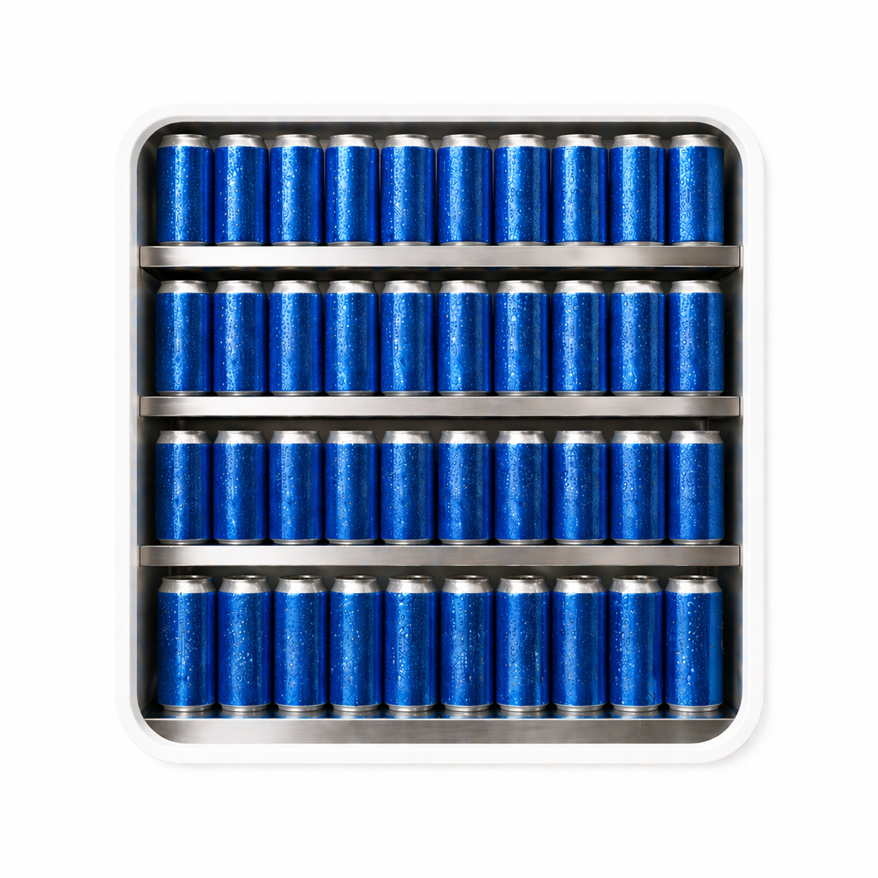 AI Roughs mockup of rows of blue cans arranged inside a display frame.