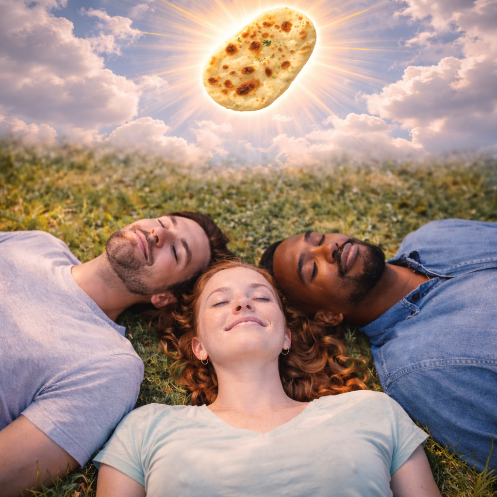 AI Roughs mockup of three friends lying in grass beneath a glowing naan in the sky.